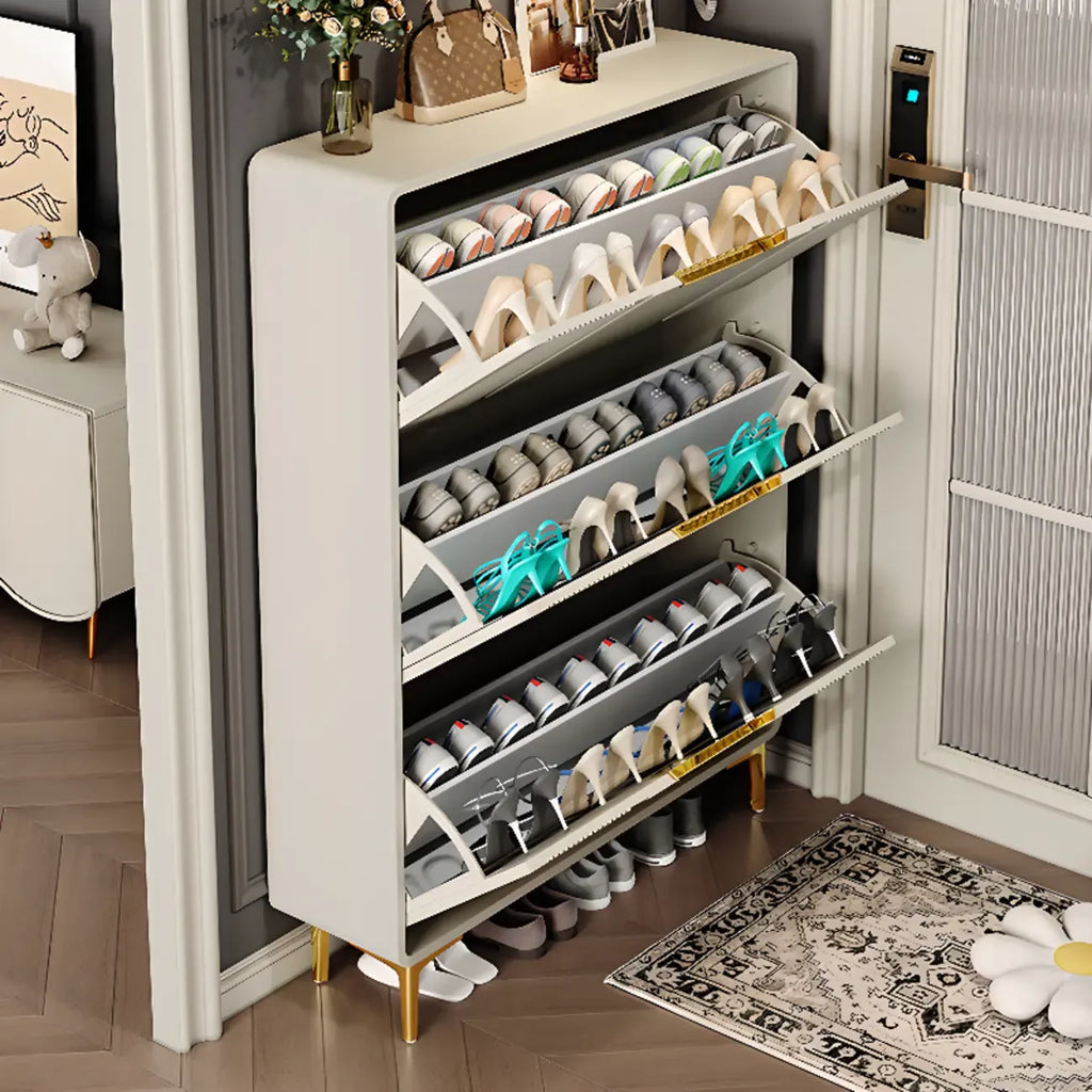 Slim White Drop-Front Shoe Cabinet for Entryway