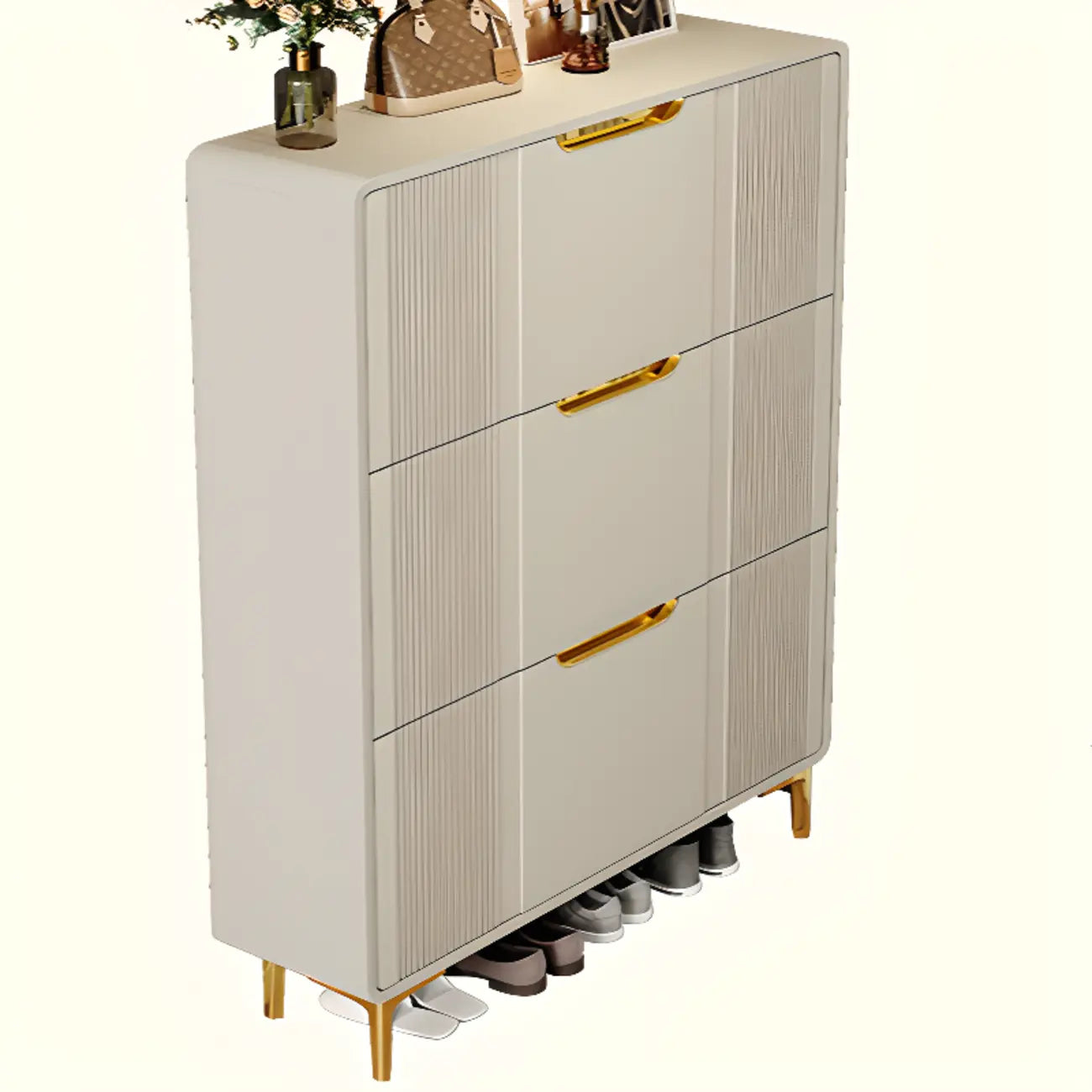 Slim White Drop-Front Shoe Cabinet for Entryway