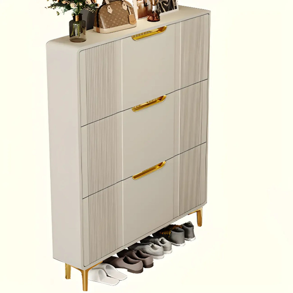 Slim White Drop-Front Shoe Cabinet for Entryway