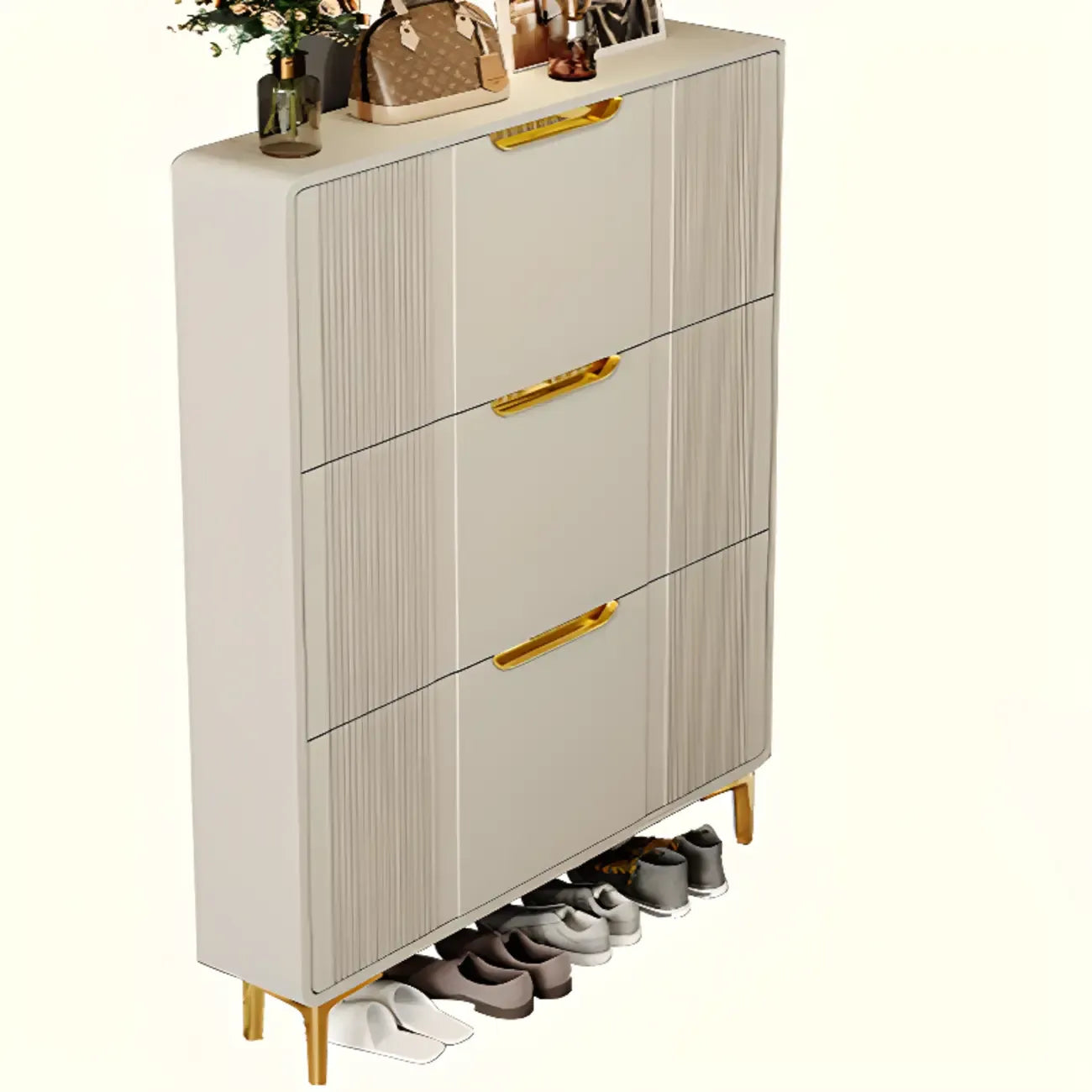 Slim White Drop-Front Shoe Cabinet for Entryway