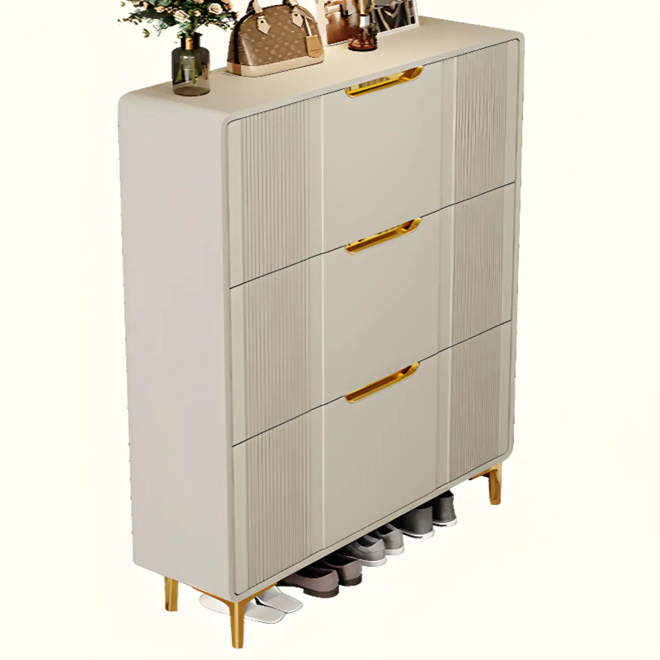 Slim White Drop-Front Shoe Cabinet for Entryway