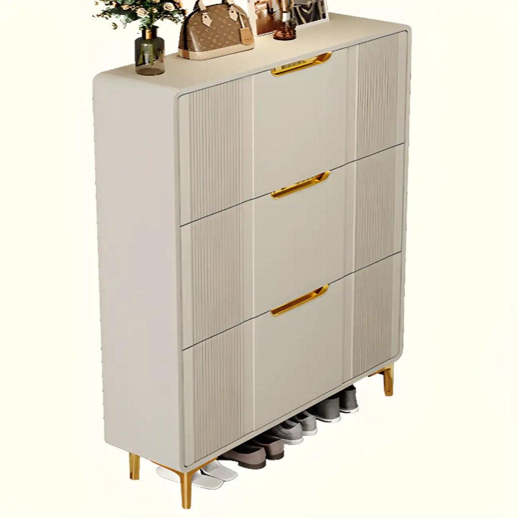 Slim White Drop-Front Shoe Cabinet for Entryway