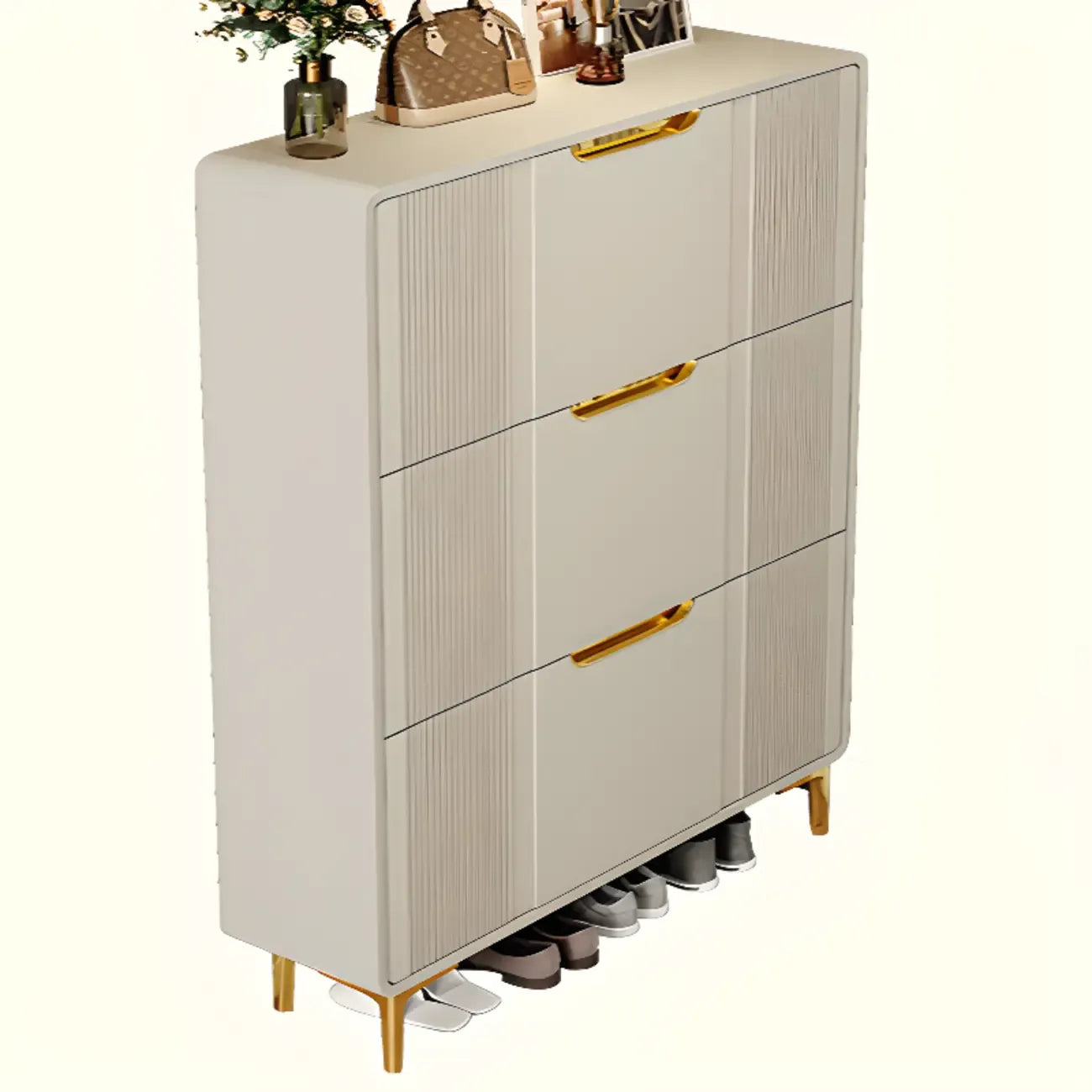 Slim White Drop-Front Shoe Cabinet for Entryway