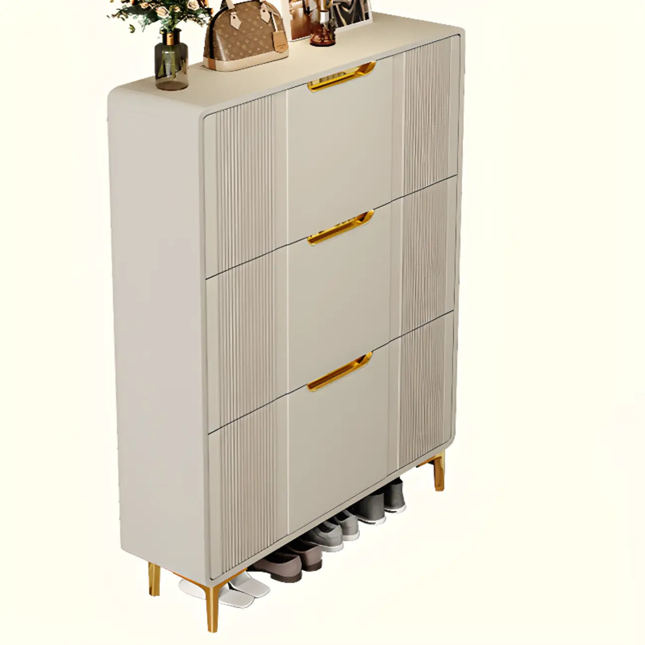 Slim White Drop-Front Shoe Cabinet for Entryway