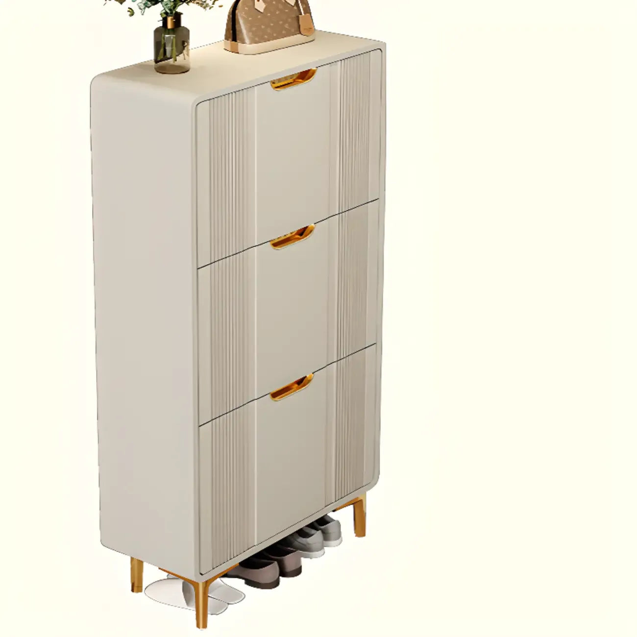 Slim White Drop-Front Shoe Cabinet for Entryway