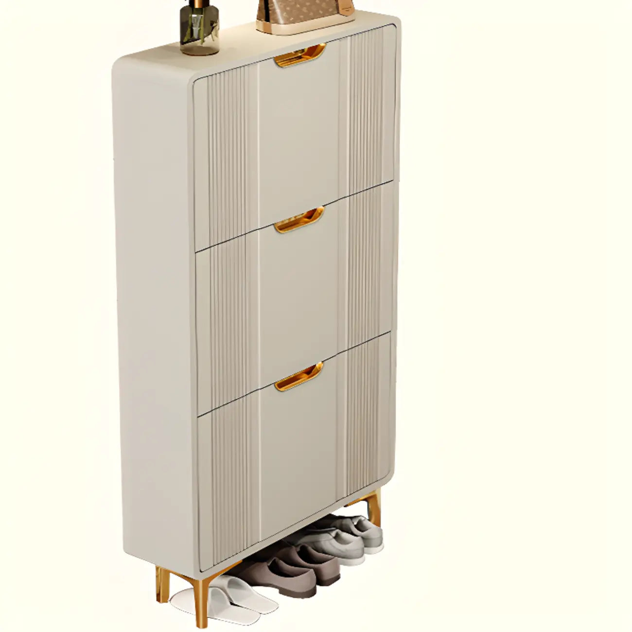 Slim White Drop-Front Shoe Cabinet for Entryway