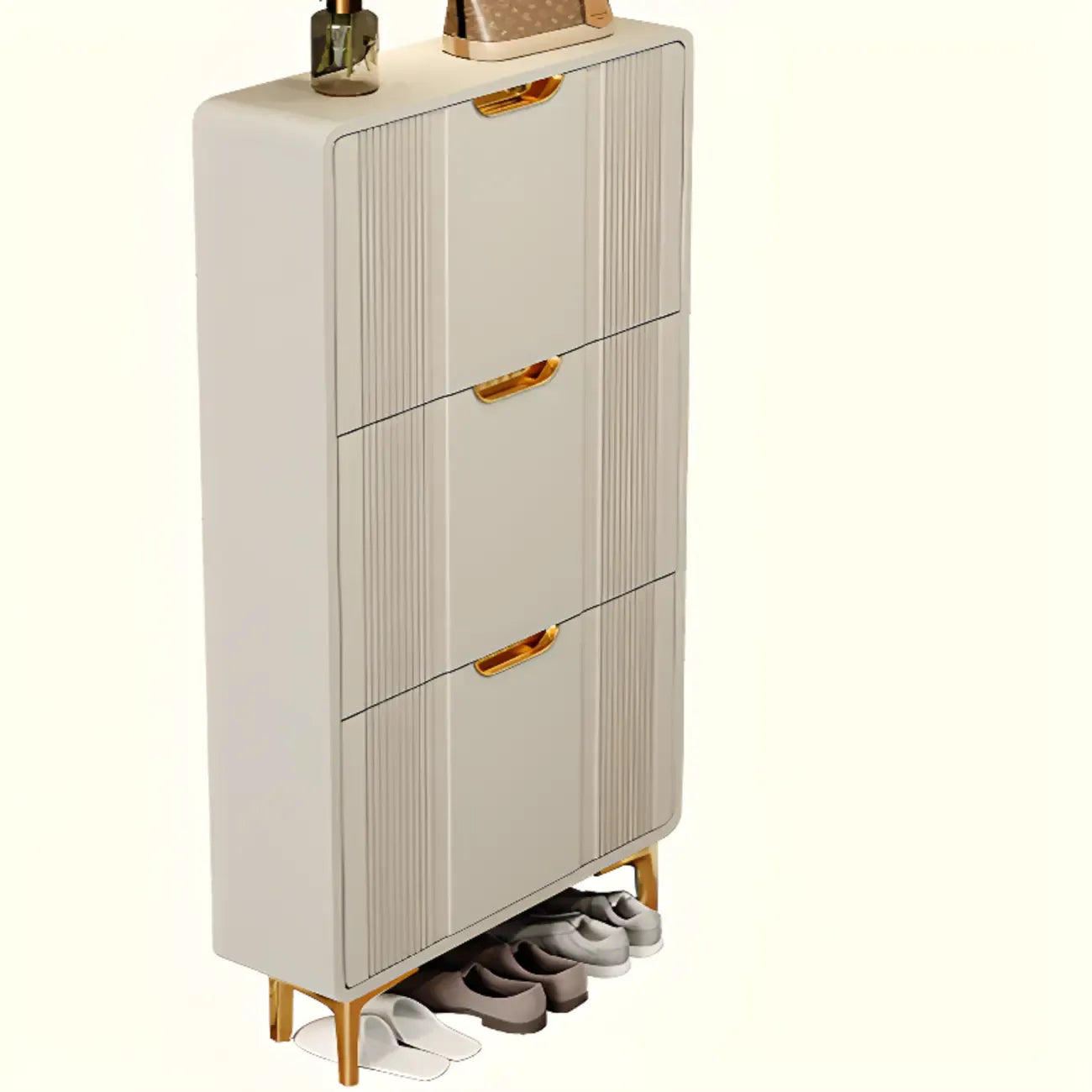 Slim White Drop-Front Shoe Cabinet for Entryway