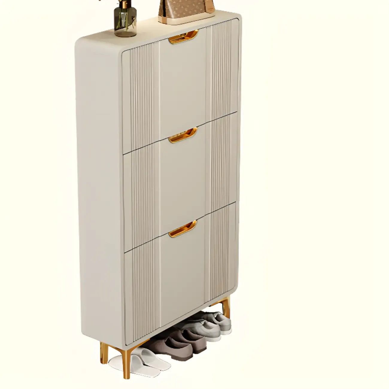 Slim White Drop-Front Shoe Cabinet for Entryway