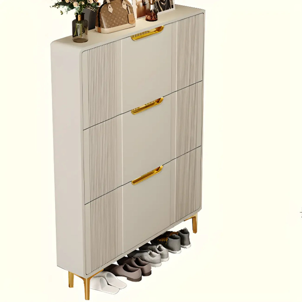 Slim White Drop-Front Shoe Cabinet for Entryway