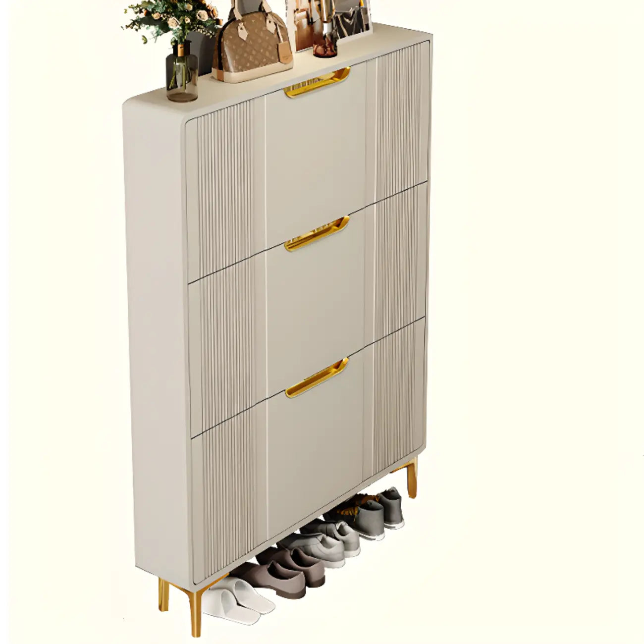 Slim White Drop-Front Shoe Cabinet for Entryway