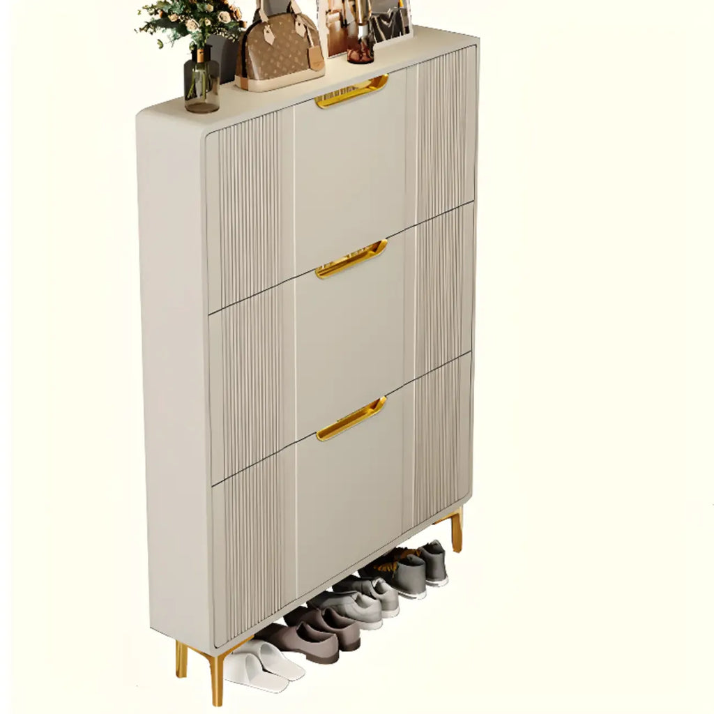 Slim White Drop-Front Shoe Cabinet for Entryway