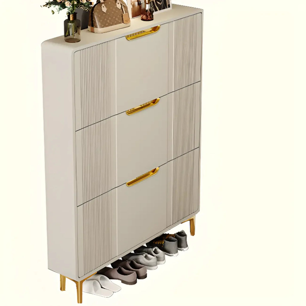 Slim White Drop-Front Shoe Cabinet for Entryway