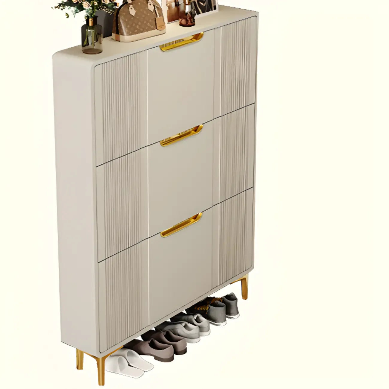 Slim White Drop-Front Shoe Cabinet for Entryway