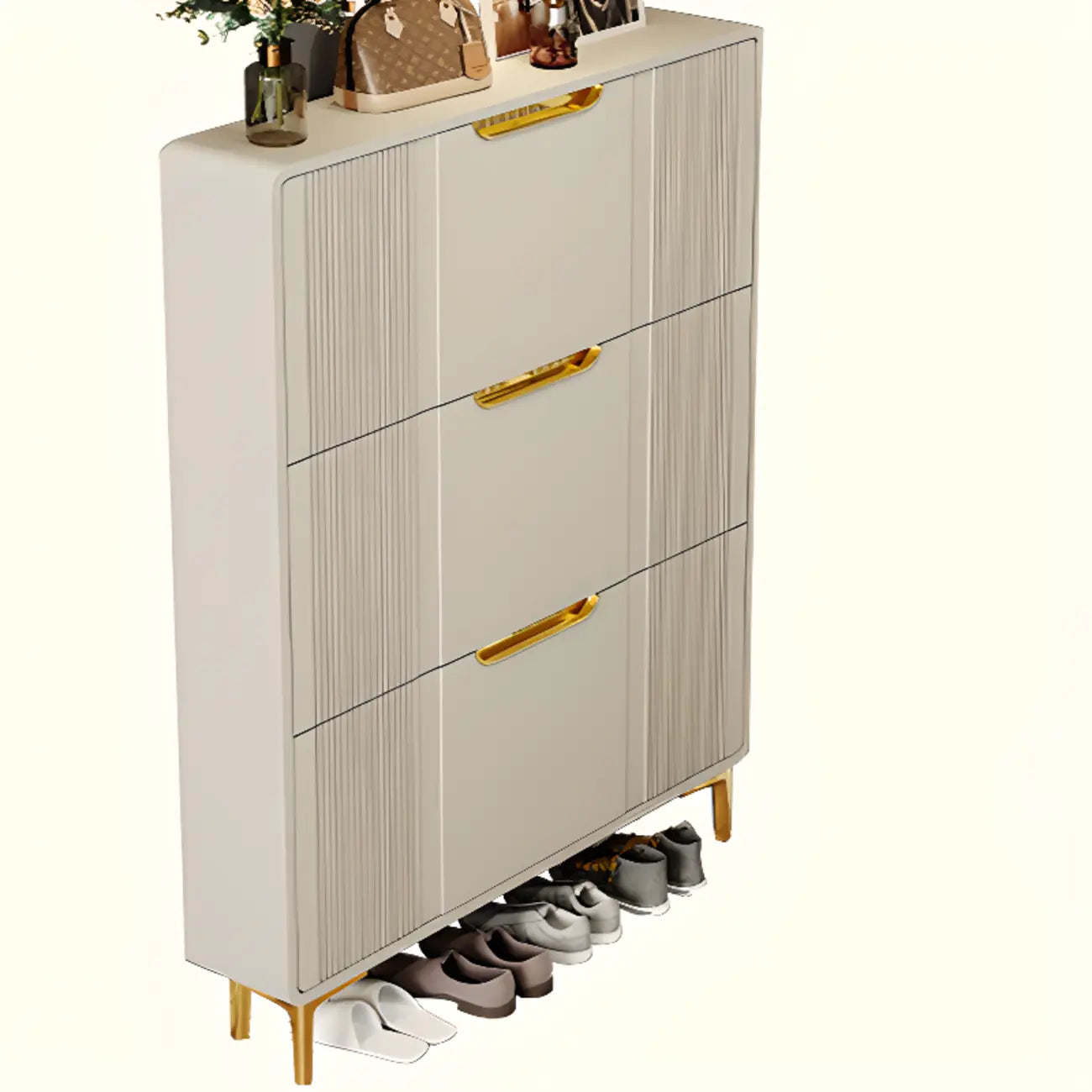 Slim White Drop-Front Shoe Cabinet for Entryway