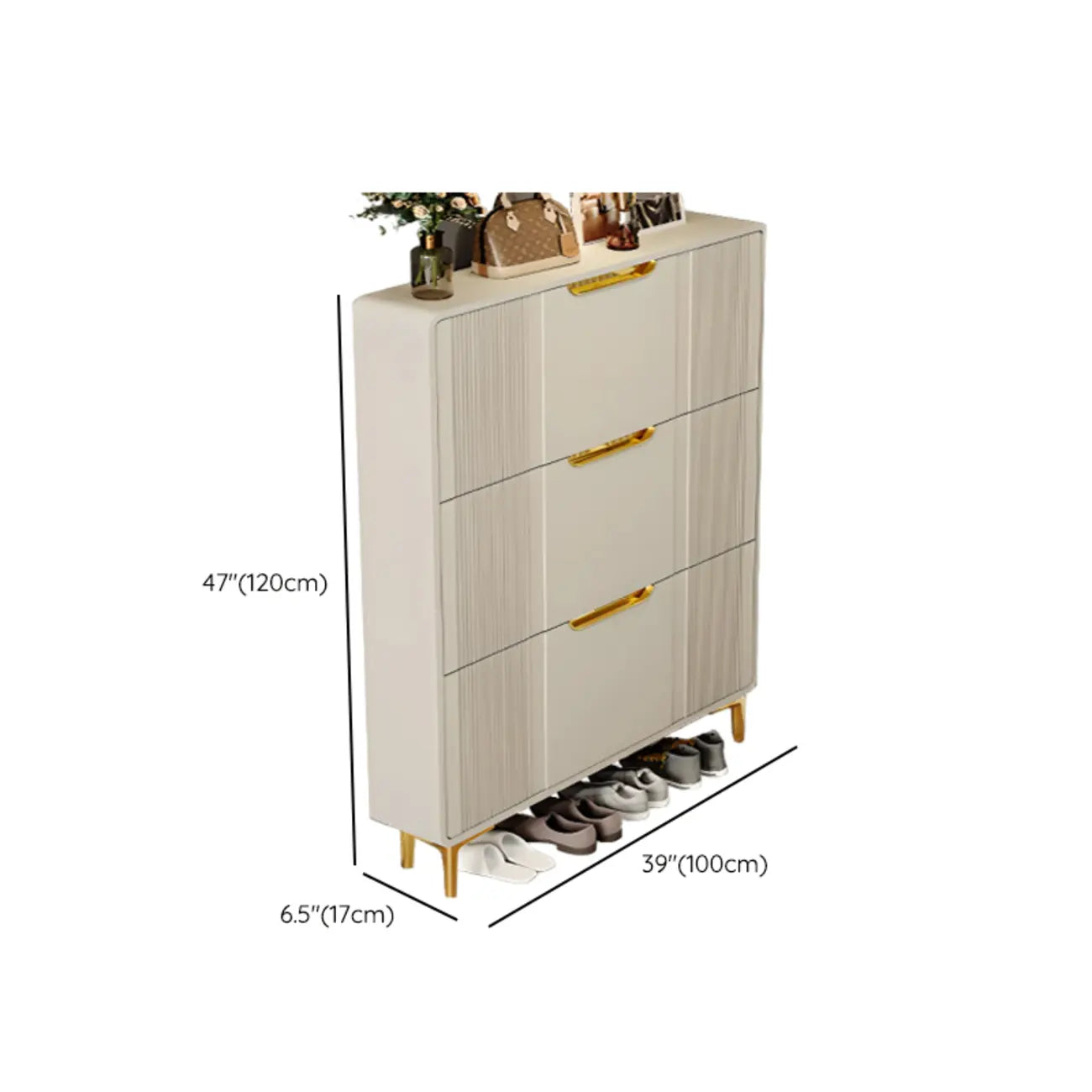 Slim White Drop-Front Shoe Cabinet for Entryway