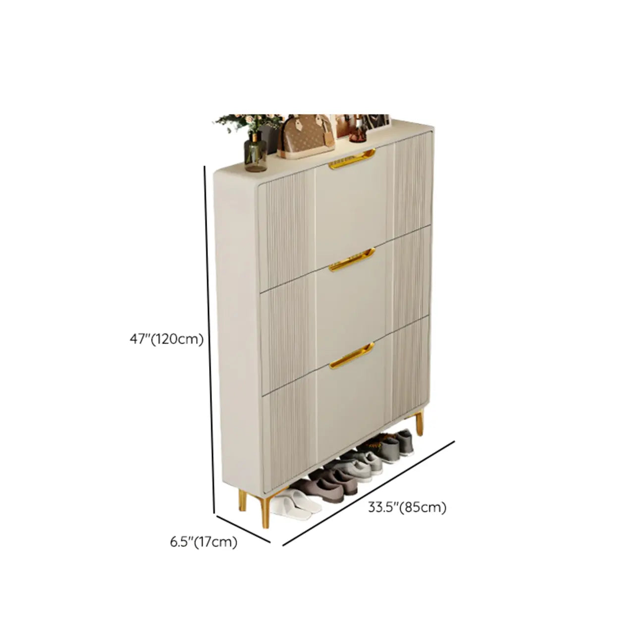 Slim White Drop-Front Shoe Cabinet for Entryway