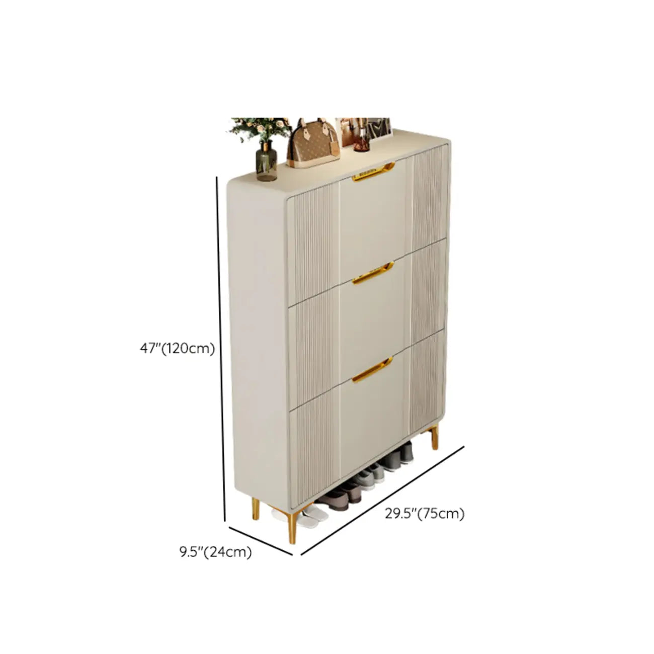 Slim White Drop-Front Shoe Cabinet for Entryway