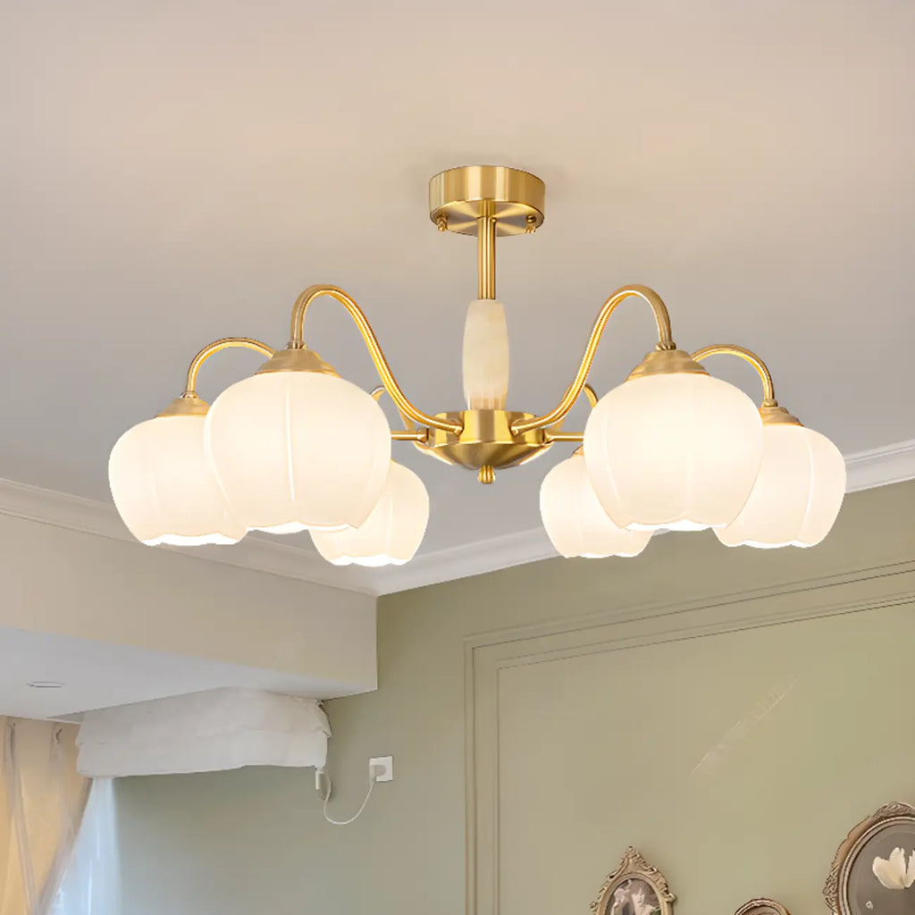 Elegant White Floral Glass Gold Chandelier