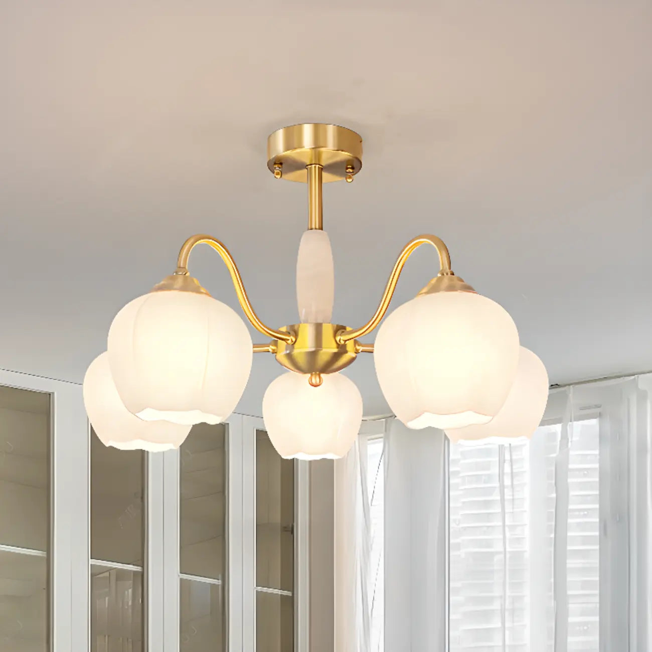 Elegant White Floral Glass Gold Chandelier