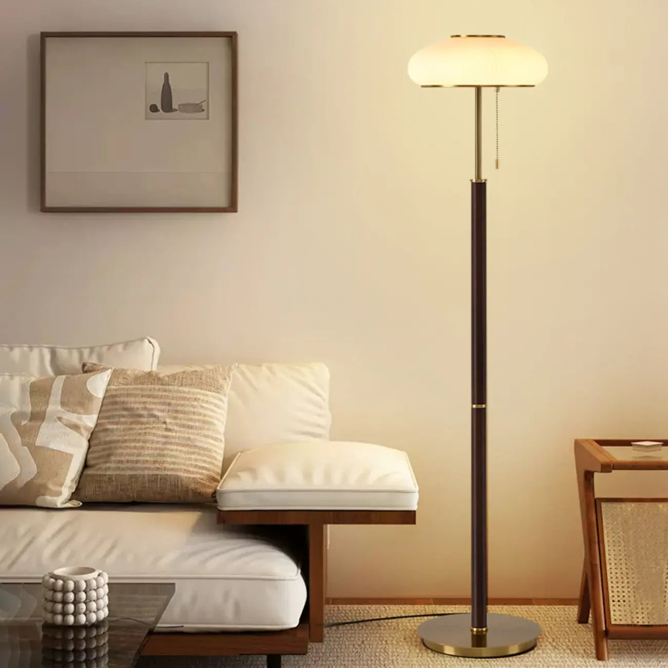 Modern 3-Light Walnut Wood Floor Lamp with Glass Shade