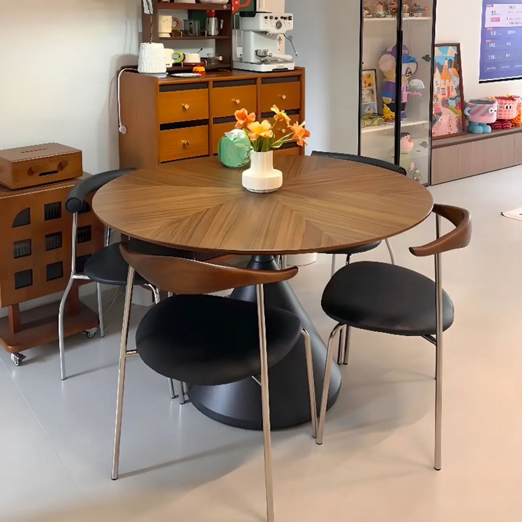 Modern Brown Round Wood Metal Cone Base Dining Table