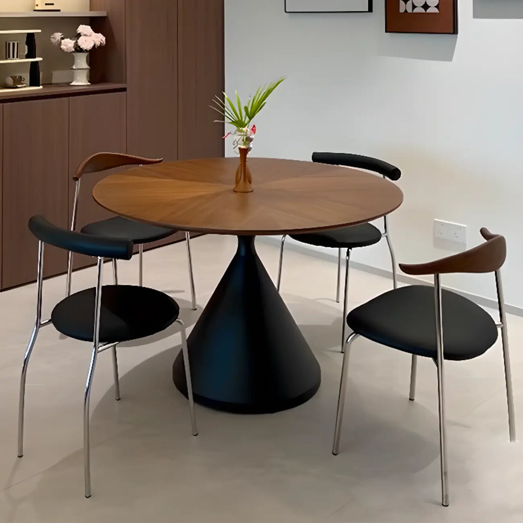 Modern Brown Round Wood Metal Cone Base Dining Table