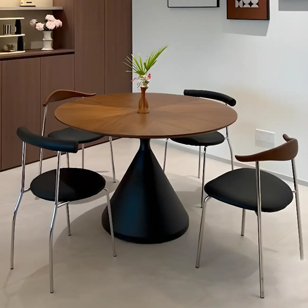 Modern Brown Round Wood Metal Cone Base Dining Table