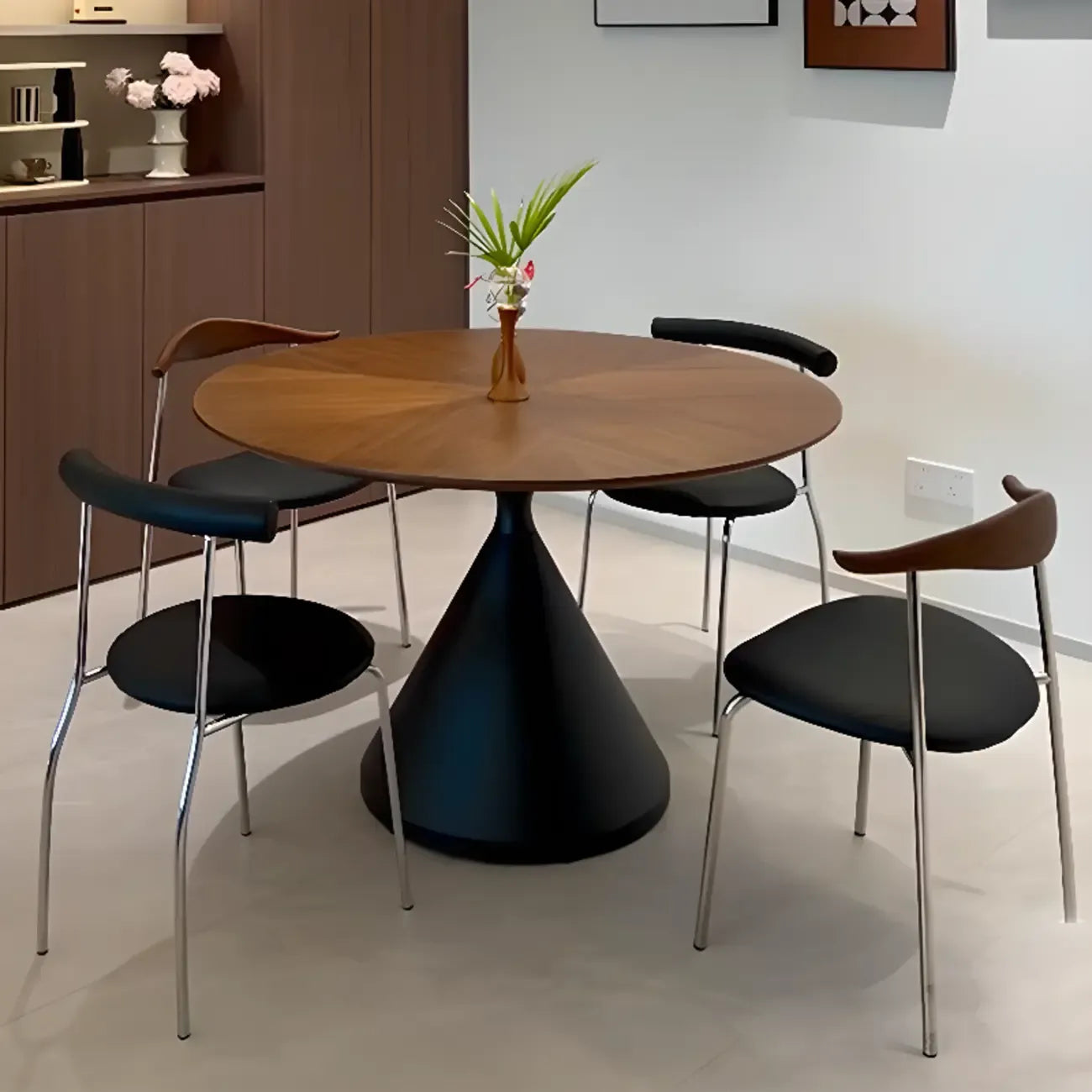 Modern Brown Round Wood Metal Cone Base Dining Table