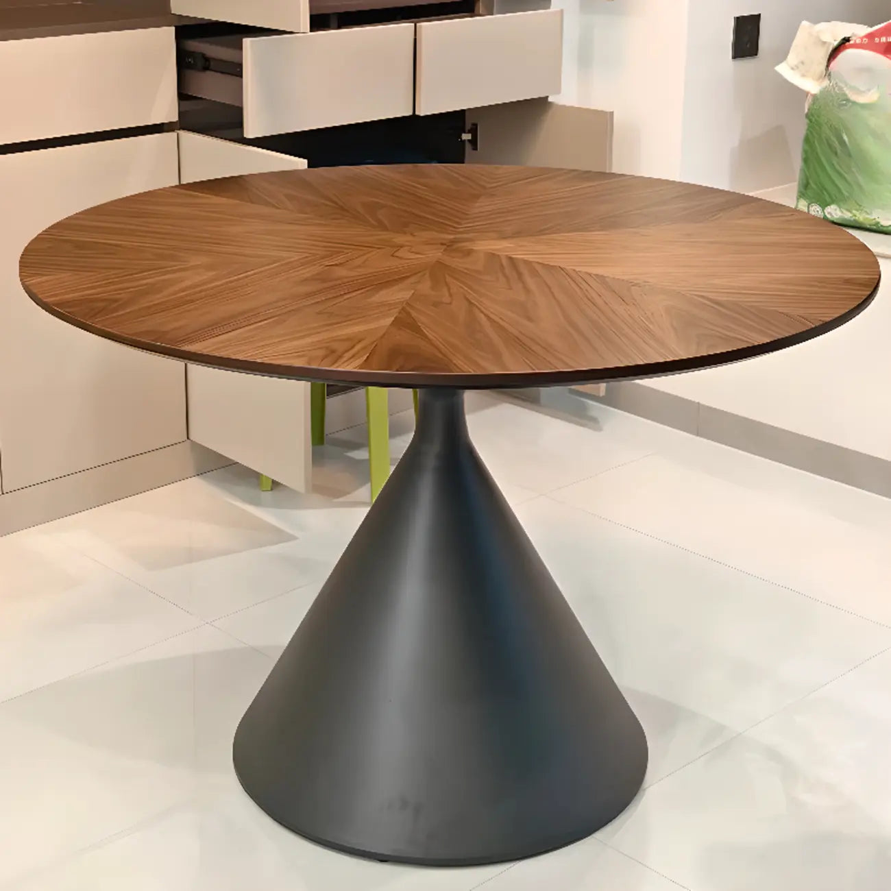 Modern Brown Round Wood Metal Cone Base Dining Table
