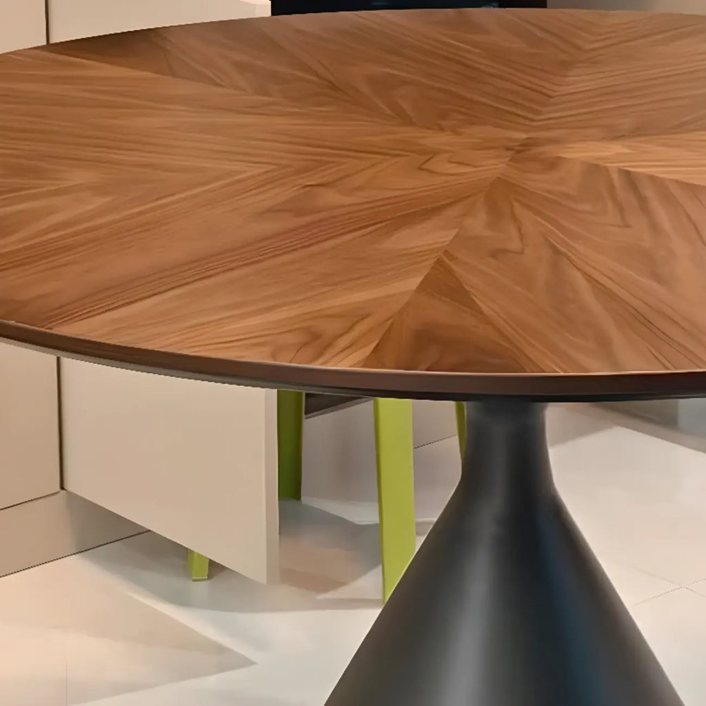 Modern Brown Round Wood Metal Cone Base Dining Table