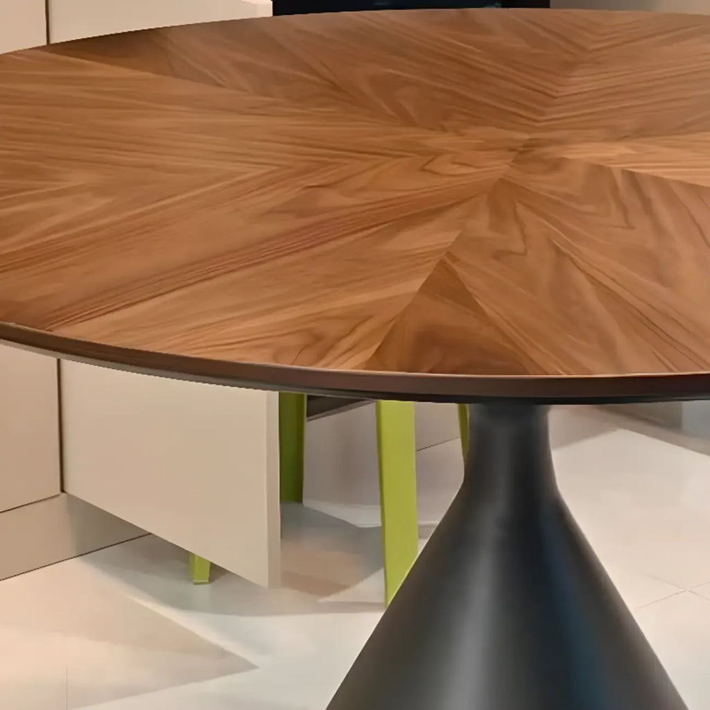 Modern Brown Round Wood Metal Cone Base Dining Table