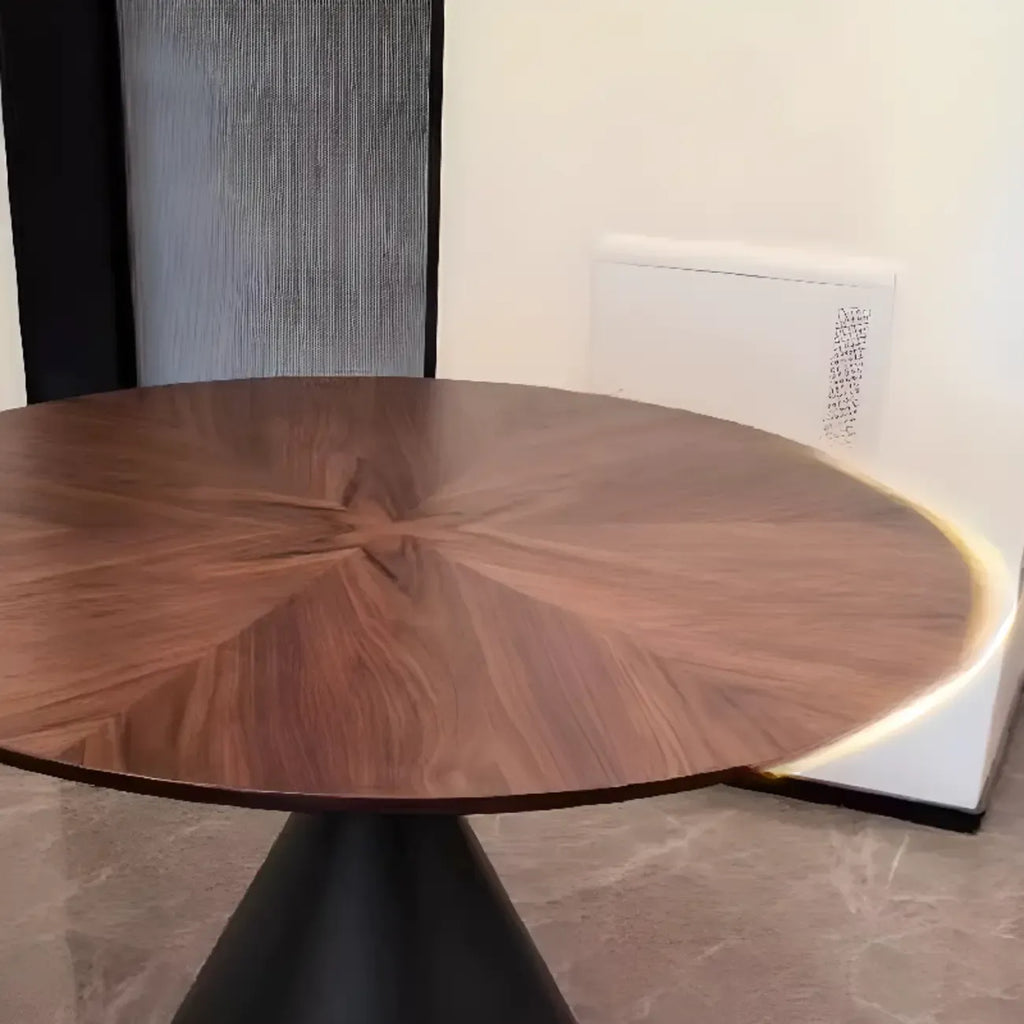 Modern Brown Round Wood Metal Cone Base Dining Table