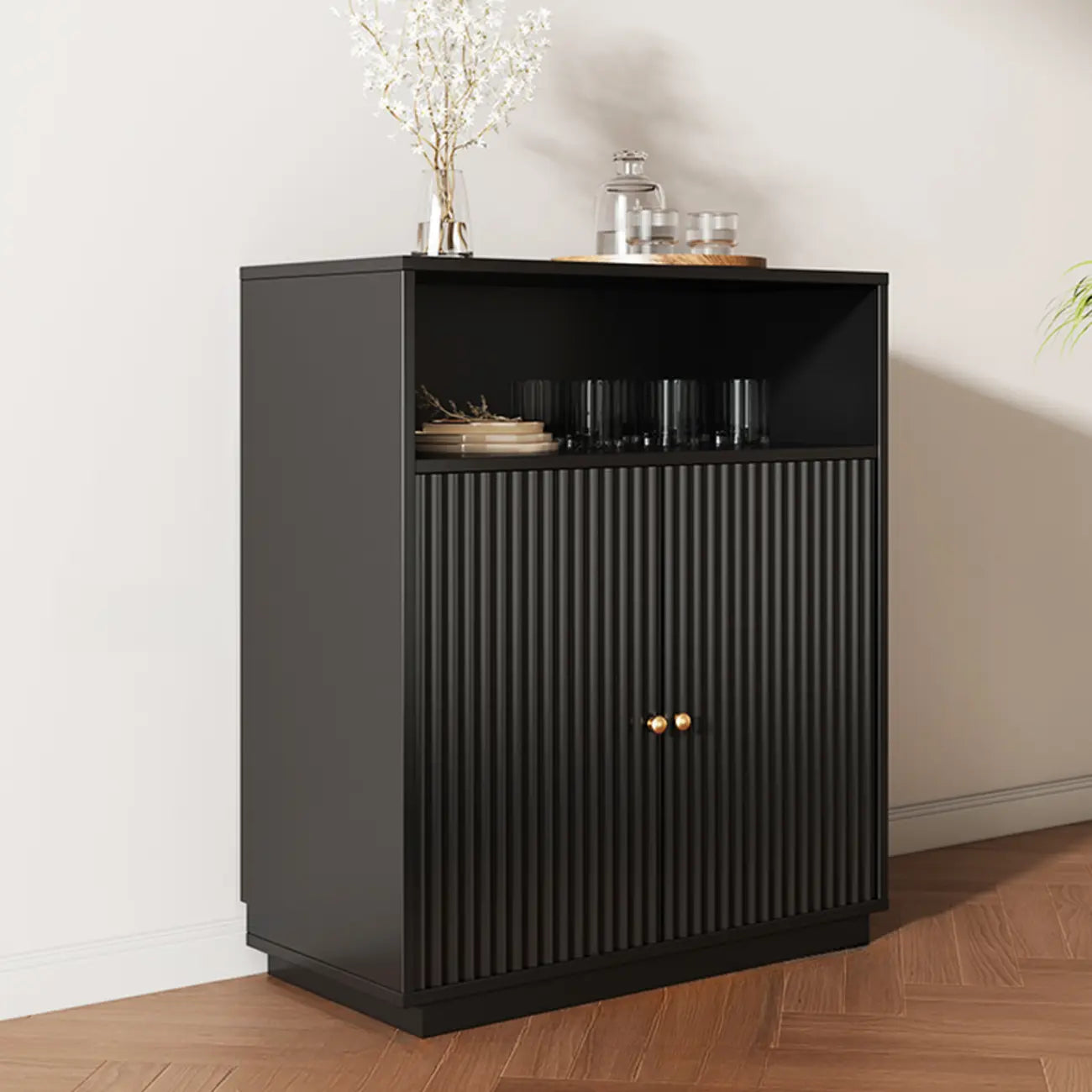 Midnight Black Lumber Sideboard with Glass Doors