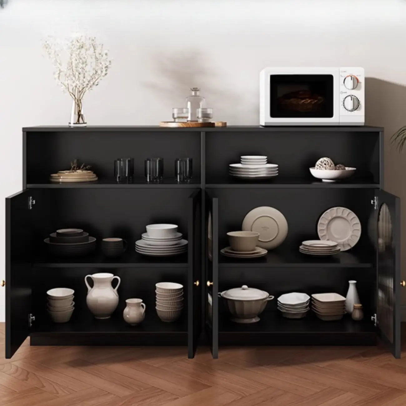 Midnight Black Lumber Sideboard with Glass Doors