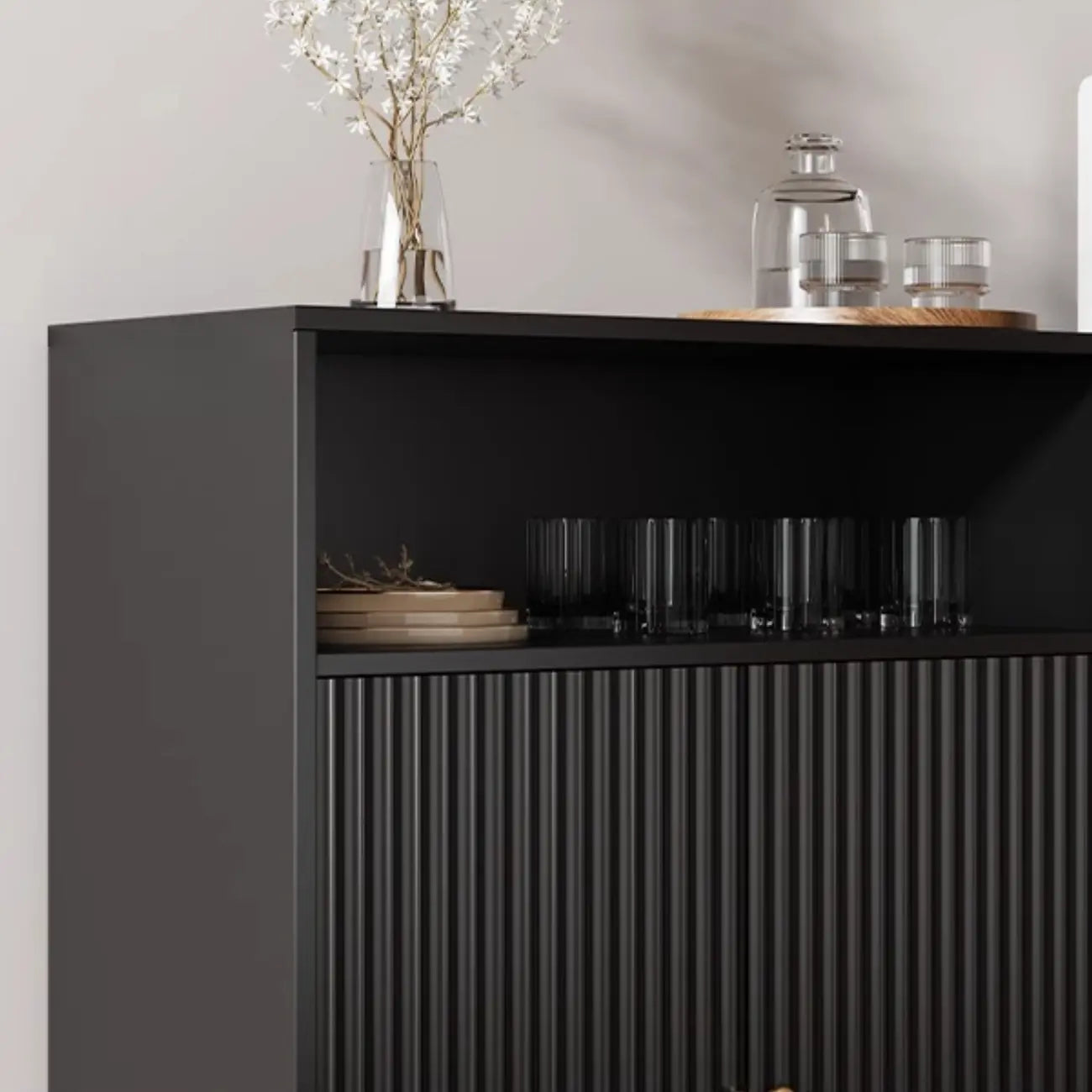 Midnight Black Lumber Sideboard with Glass Doors