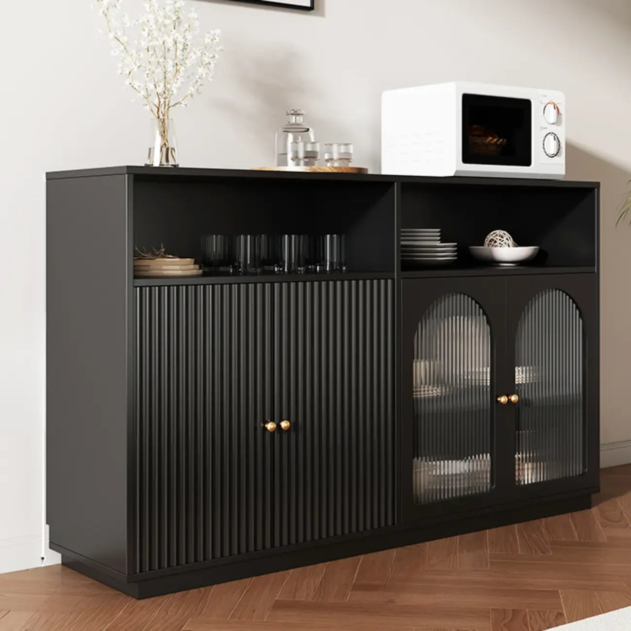 Midnight Black Lumber Sideboard with Glass Doors