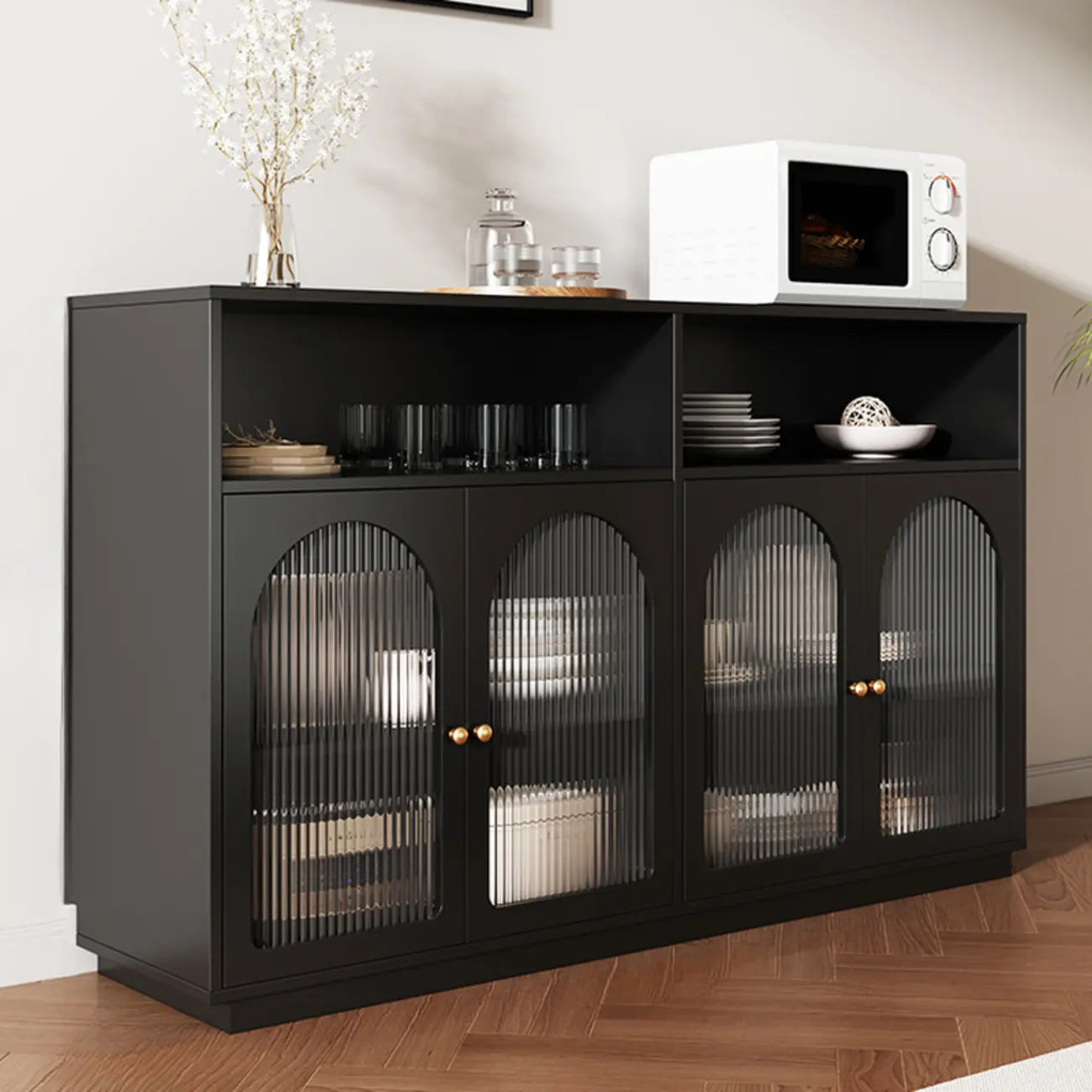Midnight Black Lumber Sideboard with Glass Doors