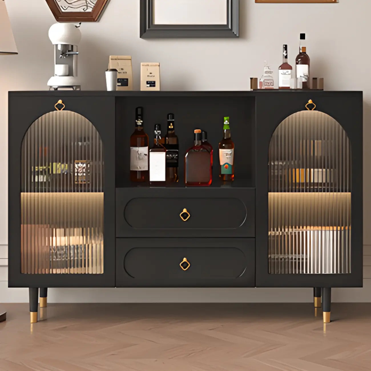 Glam Black Engineered Wood Sideboard with Drawers