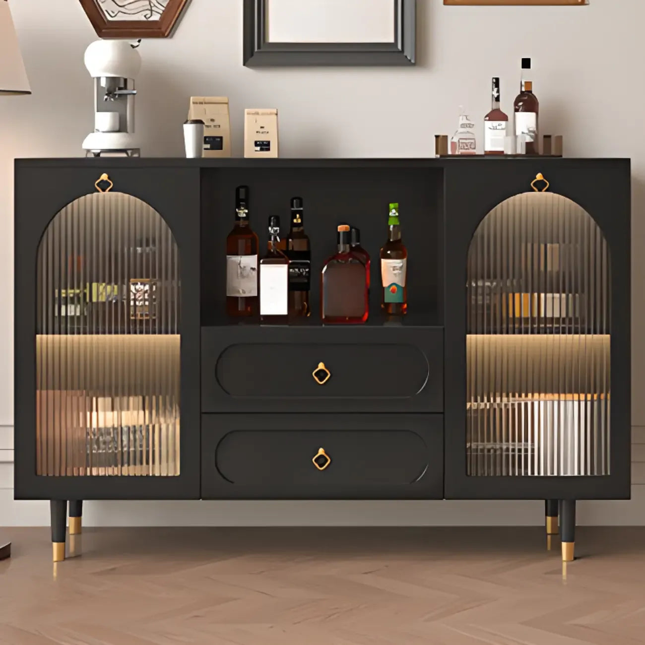 Glam Black Engineered Wood Sideboard with Drawers