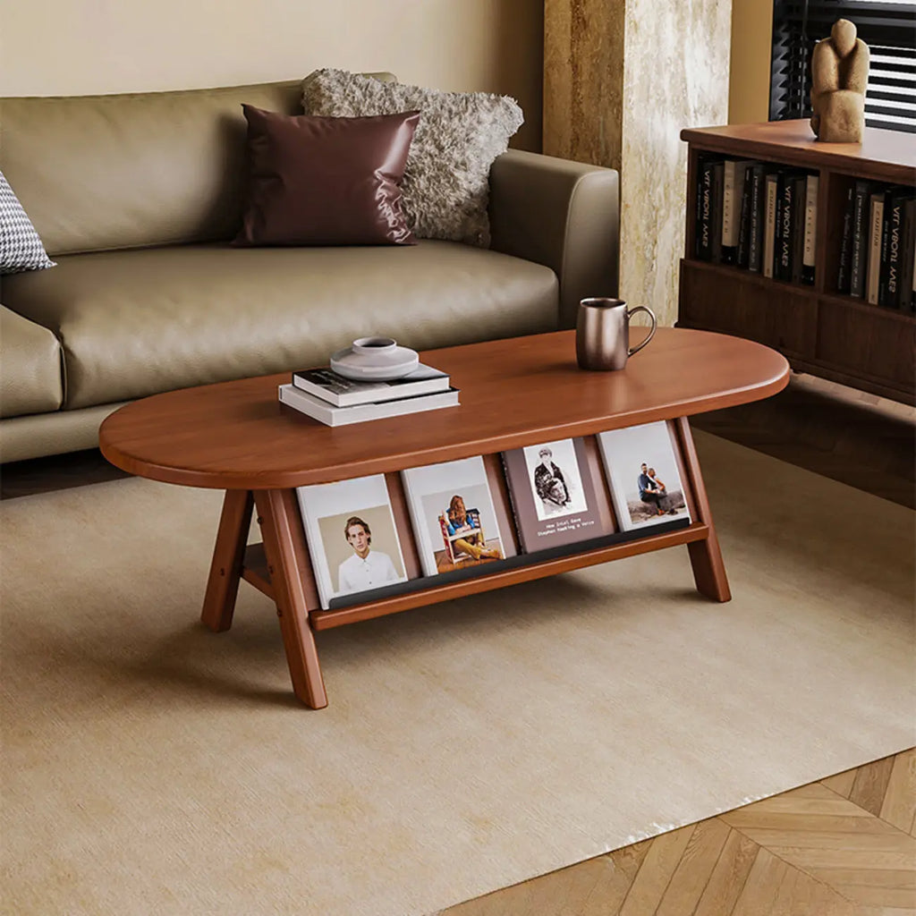 Classic Wooden Oval Coffee Table with Tilt Shelf