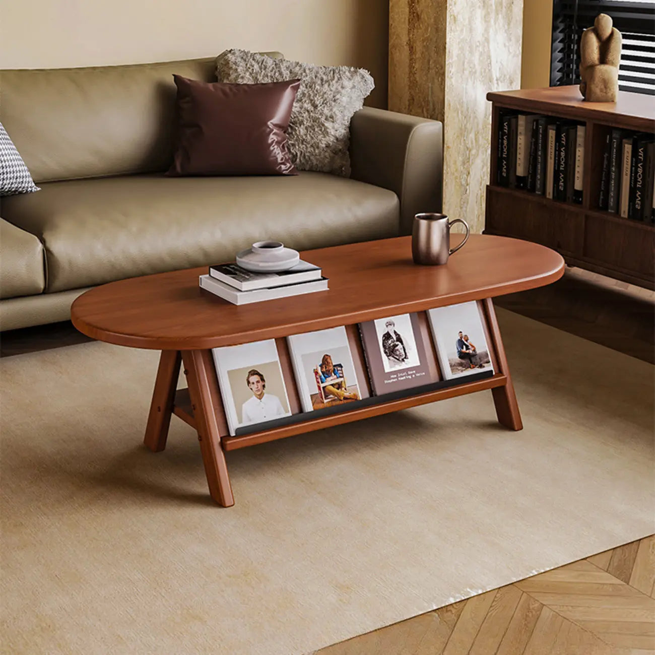 Classic Wooden Oval Coffee Table with Tilt Shelf