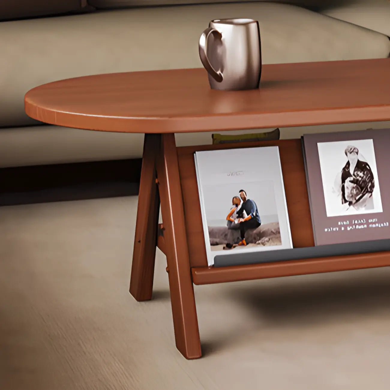 Classic Wooden Oval Coffee Table with Tilt Shelf