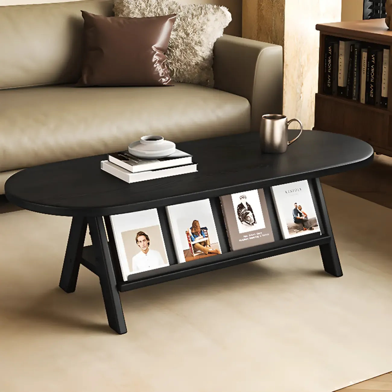 Classic Wooden Oval Coffee Table with Tilt Shelf