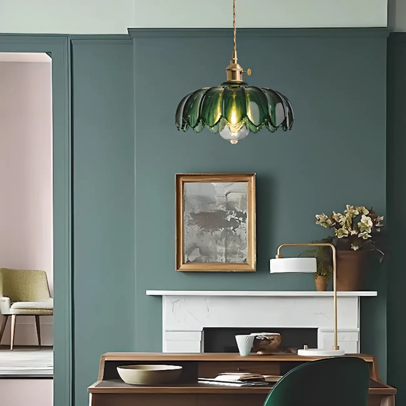 Adjustable Green Glass Pendant Light Fixture for Living Room