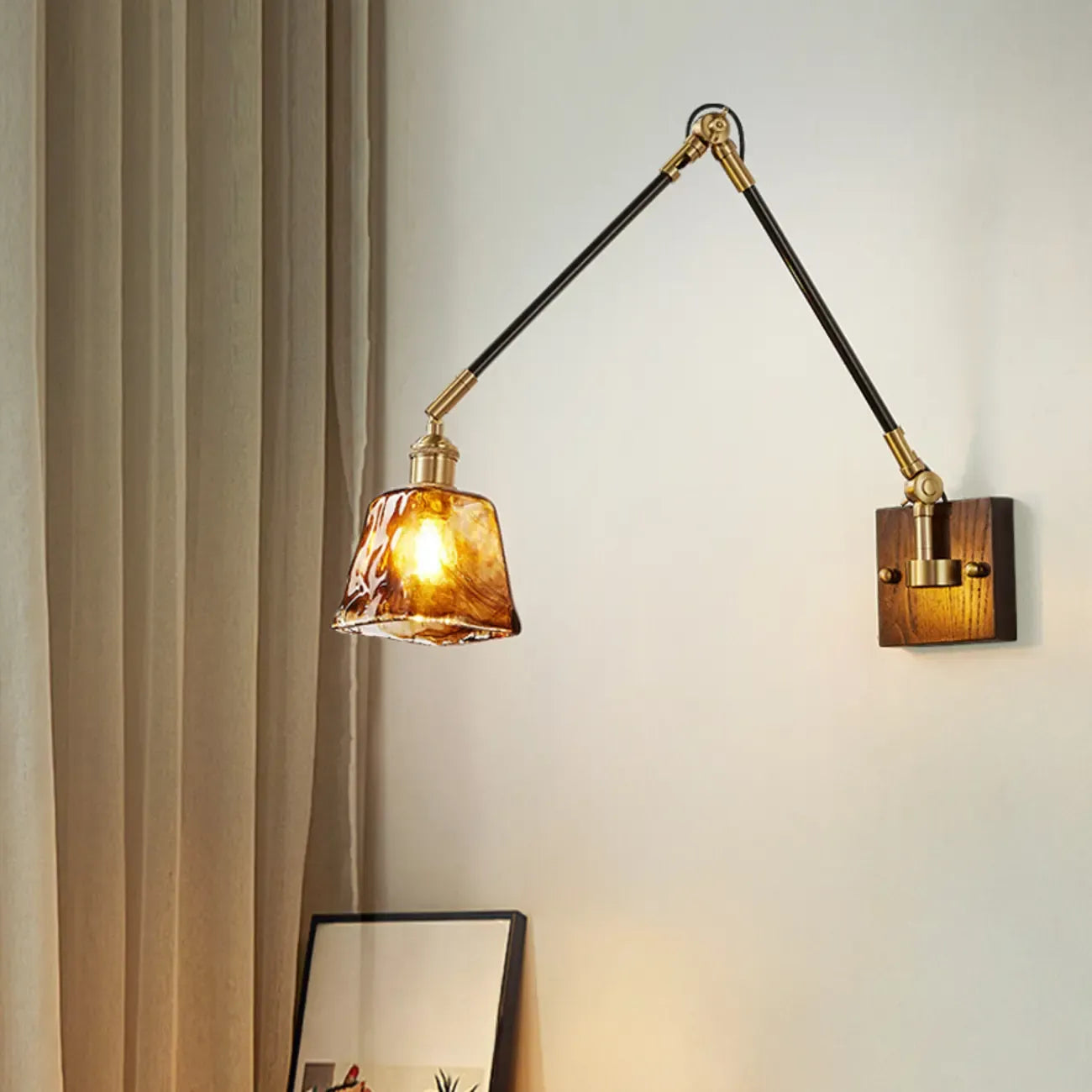 Industrial Amber Swing Arm LED Wall Sconce with Glass Shade