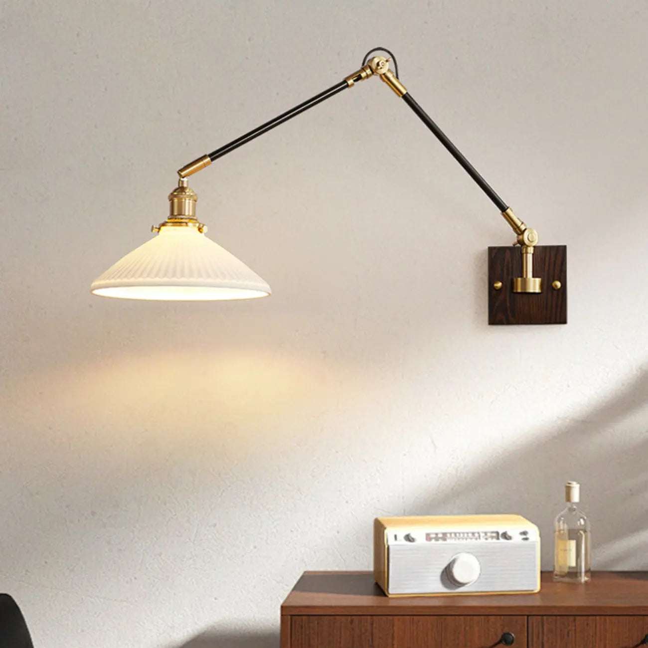 Industrial Amber Swing Arm LED Wall Sconce with Glass Shade