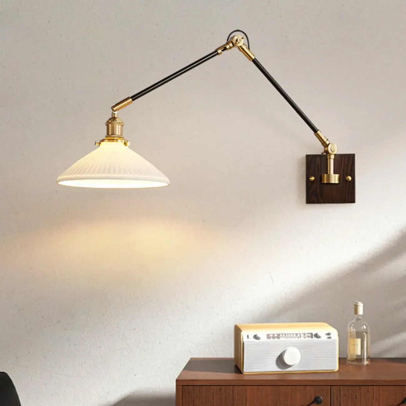 Industrial Amber Swing Arm LED Wall Sconce with Glass Shade