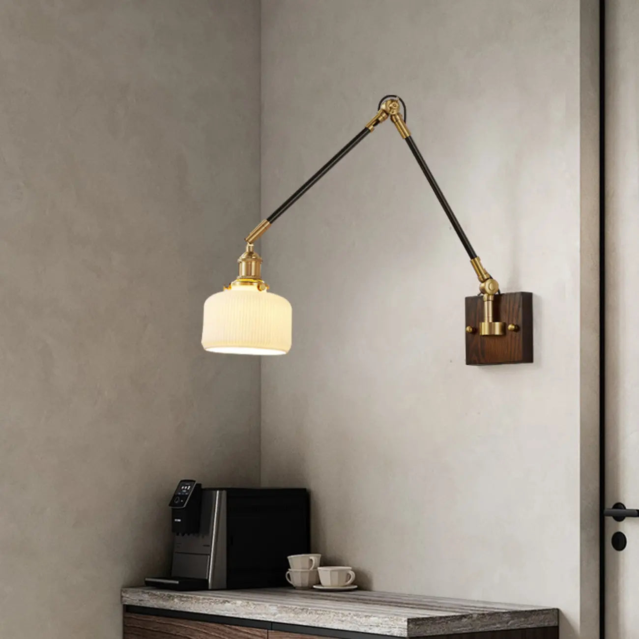 Industrial Amber Swing Arm LED Wall Sconce with Glass Shade