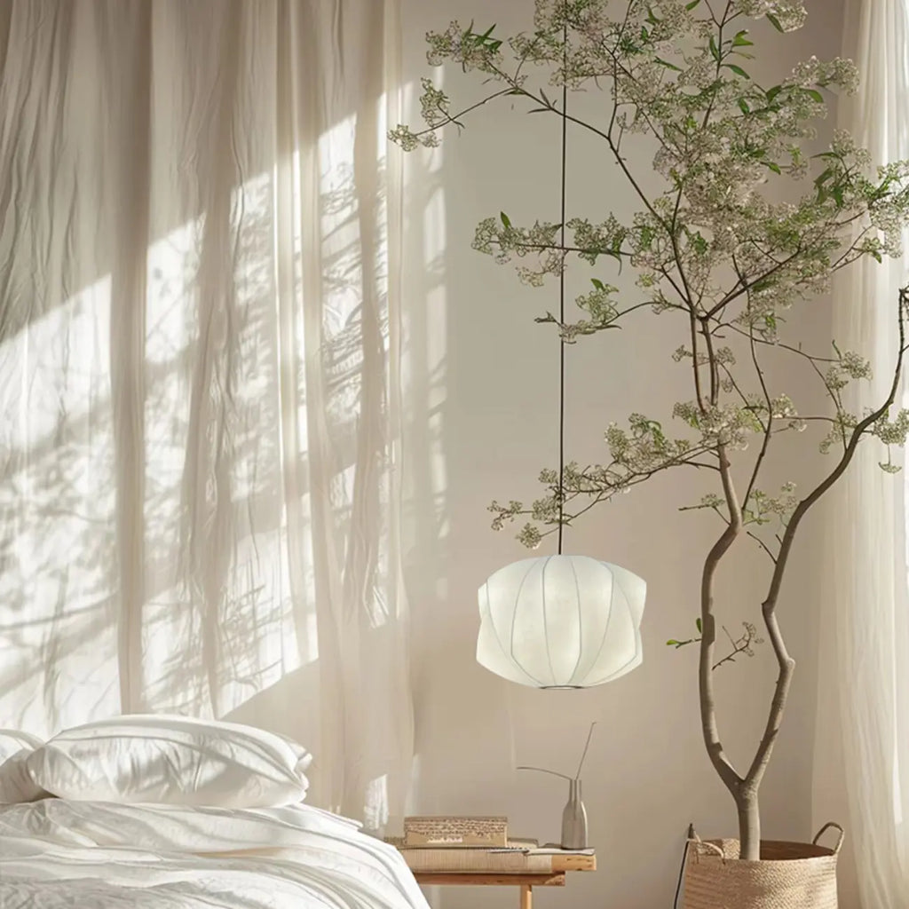 Geometric Silk Pendant Light for Bedside Adjustable Height