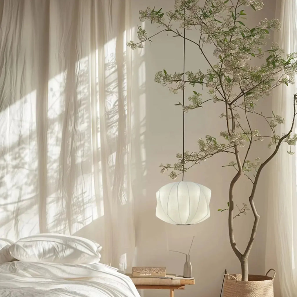 Geometric Silk Pendant Light for Bedside Adjustable Height